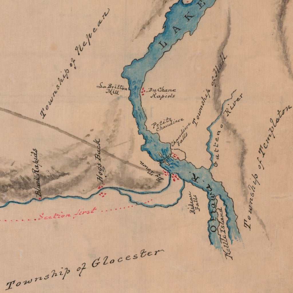 Detail of the 1829 Rideau Canal plan showing the Ottawa (the By Town) end of the canal near the Ottawa River, Rideau Falls, Hog’s Back, and surrounding townships.