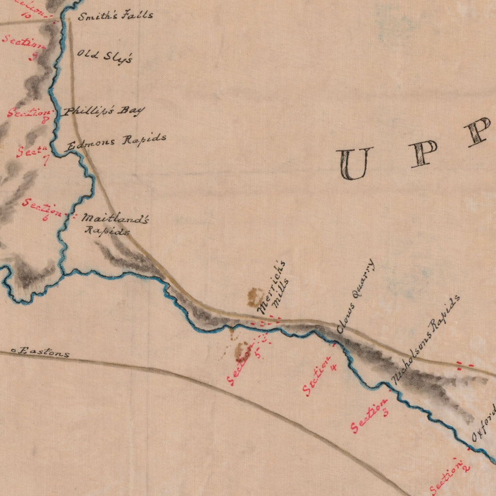 Detail of the 1829 Rideau Canal plan showing Merrick’s Mills, now Merrickville, with nearby rapids, roads, and section and population annotations in red.